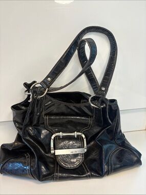 Nicole by Nicole Miller Black Faux Leather Shoulder Tote with Front Buckle